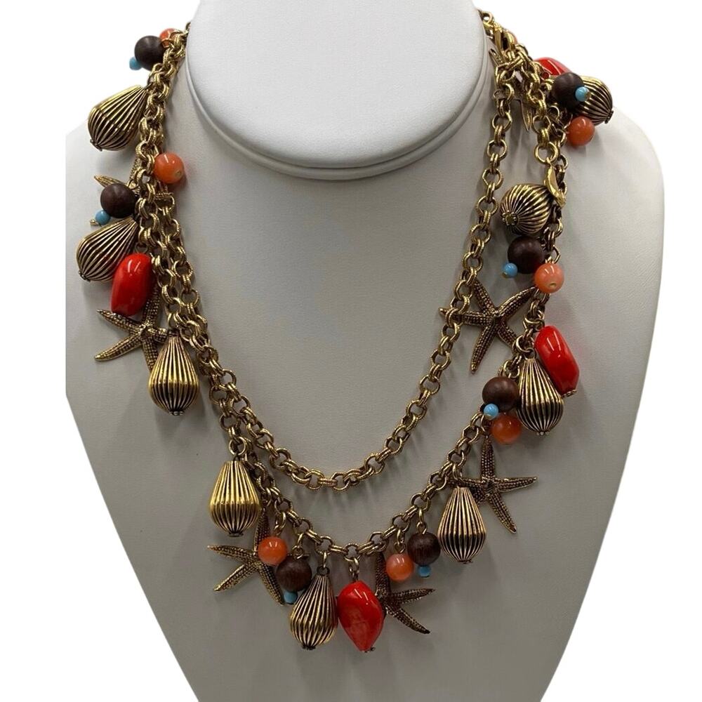 Yochi NY Signed Red Blue Starfish Faux Coral‎ Turquoise Glass Statement Necklace
